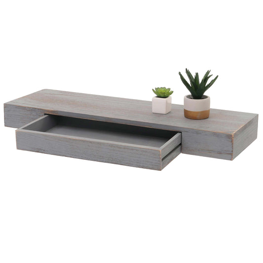 Cosmo Casa - Wandplank - Zwevende Plank - Hangplank - Lade - Massief Hout - 8x80x25cm - Grijs - Shabby Chic
