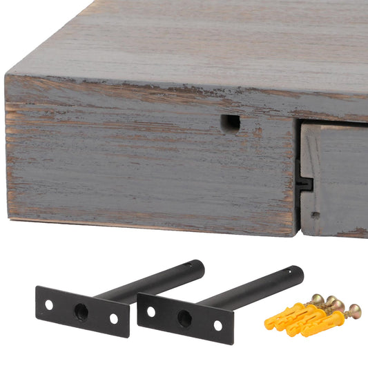 Cosmo Casa - Wandplank - Zwevende Plank - Hangplank - Lade - Massief Hout - 8x80x25cm - Grijs - Shabby Chic