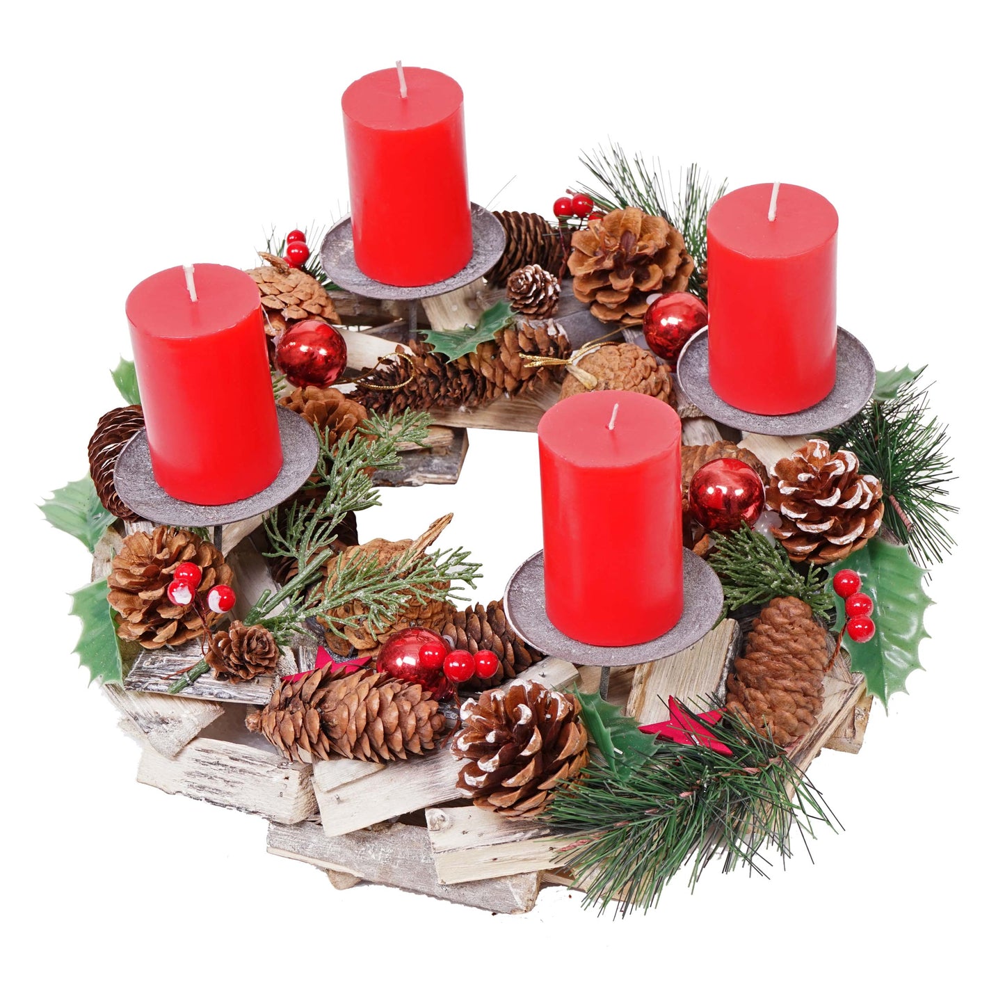 Cosmo Casa - Adventskrans - Met kaarsen - Hout - Rood - Ø 33 cm