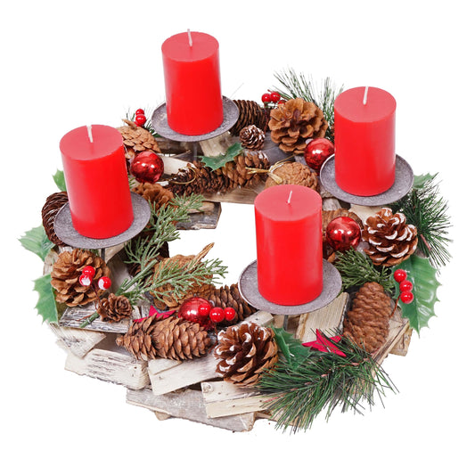 Cosmo Casa - Adventskrans - Met kaarsen - Hout - Rood - Ø 33 cm