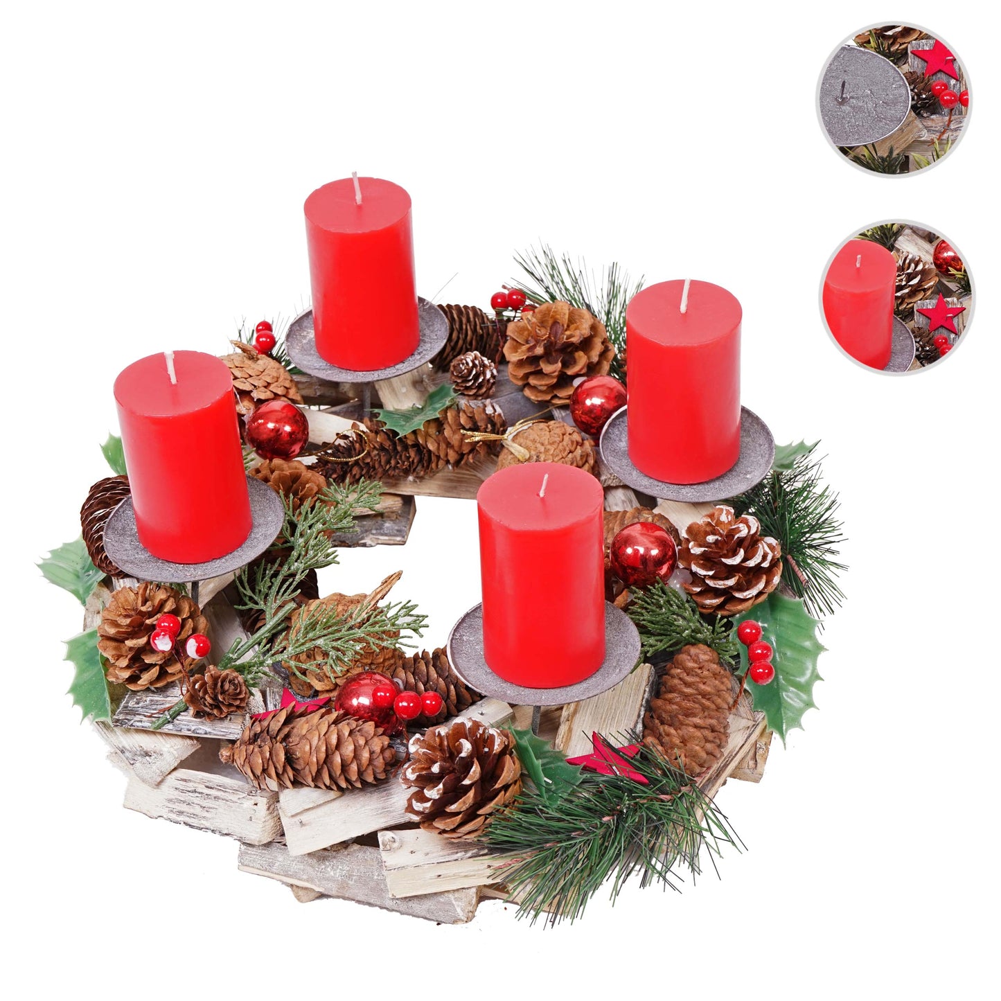 Cosmo Casa - Adventskrans - Met kaarsen - Hout - Rood - Ø 33 cm