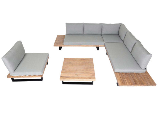 Cosmo Casa - Tuinset met Fauteuil - Loungebank & Fauteuil - Gesponnen Poly & Acaciahout & Aluminium - Lichtbruin - Bekleding Lichtgrijs