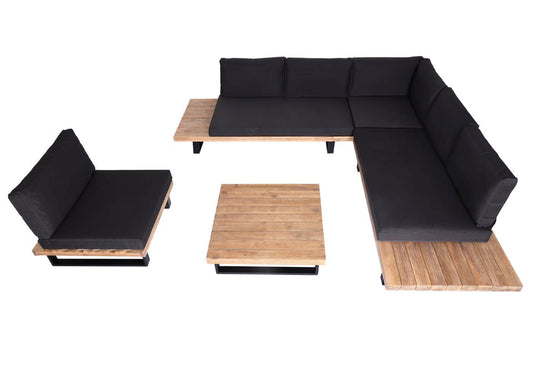 Cosmo Casa - Tuinset met Fauteuil - Loungebank & Fauteuil - Gesponnen Poly & Acaciahout & Aluminium - Lichtbruin - Bekleding Donkergrijs