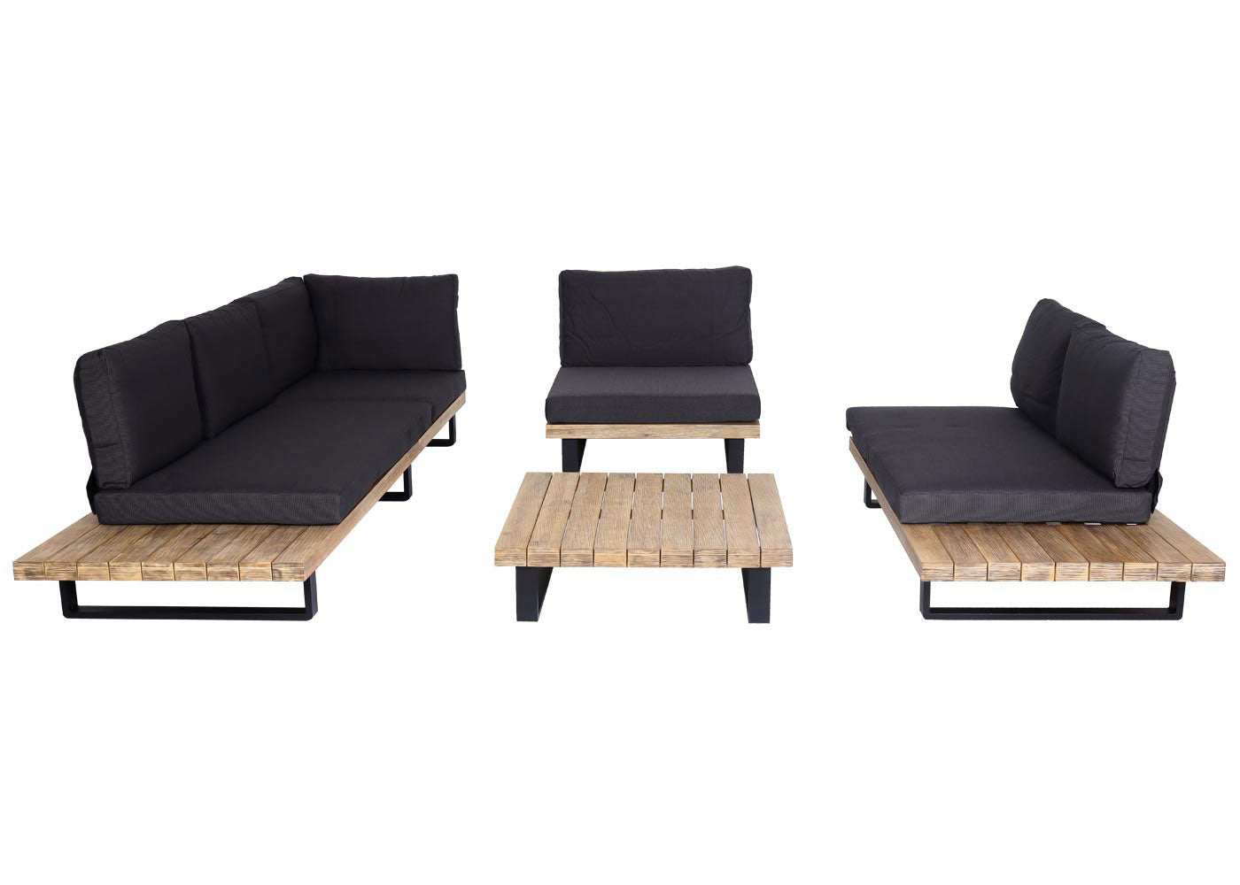 Cosmo Casa - Tuinset met Fauteuil - Loungebank & Fauteuil - Gesponnen Poly & Acaciahout & Aluminium - Lichtbruin - Bekleding Donkergrijs
