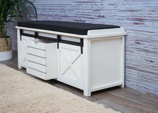 Cosmo Casa - Bank met opbergruimte - Met lades - Hout en stof - Wit - 102x43x33cm