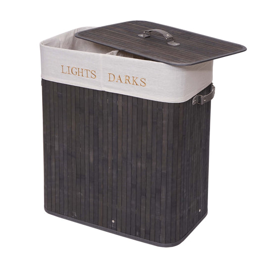 Cosmo Casa - Wasmand - 2 compartimenten - Bamboe - Donkergrijs - 63×55×34 cm