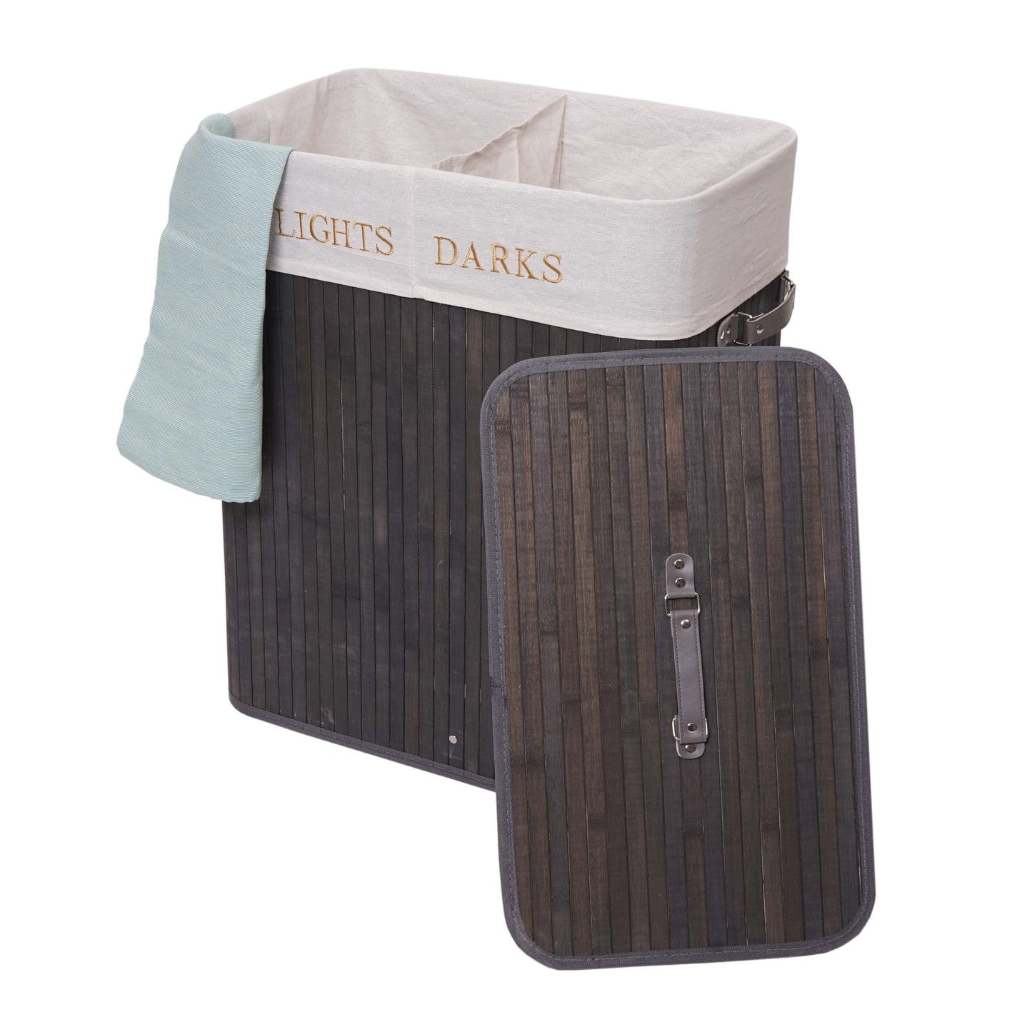 Cosmo Casa - Wasmand - 2 compartimenten - Bamboe - Donkergrijs - 63×55×34 cm