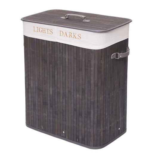 Cosmo Casa - Wasmand - 2 compartimenten - Bamboe - Donkergrijs - 63×55×34 cm