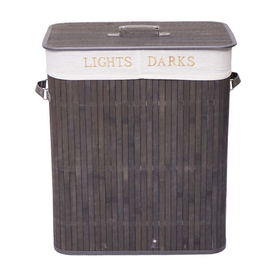 Cosmo Casa - Wasmand - 2 compartimenten - Bamboe - Donkergrijs - 63×55×34 cm