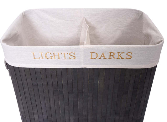 Cosmo Casa - Wasmand - 2 compartimenten - Bamboe - Donkergrijs - 63×55×34 cm