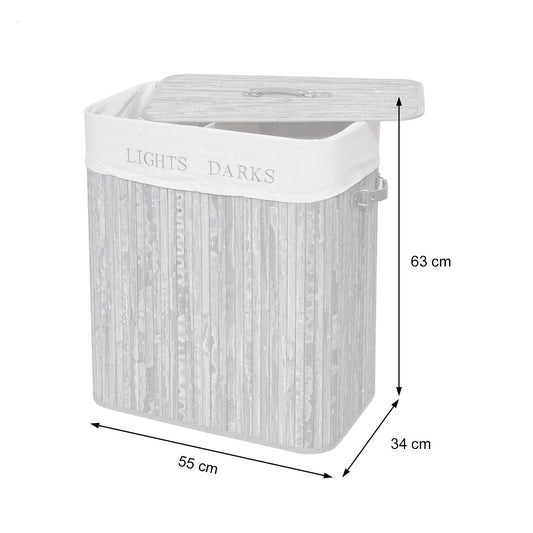 Cosmo Casa - Wasmand - 2 compartimenten - Bamboe - Wit - 63×55×34 cm