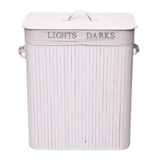 Cosmo Casa - Wasmand - 2 compartimenten - Bamboe - Wit - 63×55×34 cm