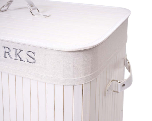 Cosmo Casa - Wasmand - 2 compartimenten - Bamboe - Wit - 63×55×34 cm