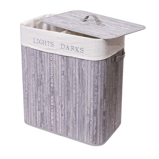 Cosmo Casa - Wasmand - 2 compartimenten - Bamboe - Grijsblauw - 63×55×34 cm