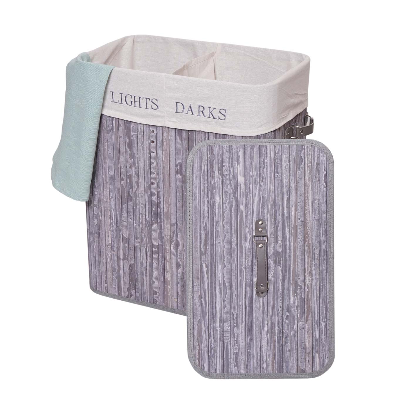 Cosmo Casa - Wasmand - 2 compartimenten - Bamboe - Grijsblauw - 63×55×34 cm