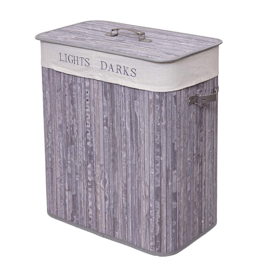 Cosmo Casa - Wasmand - 2 compartimenten - Bamboe - Grijsblauw - 63×55×34 cm