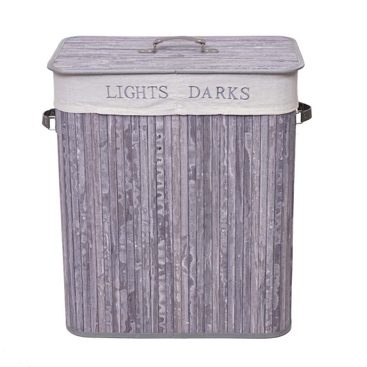 Cosmo Casa - Wasmand - 2 compartimenten - Bamboe - Grijsblauw - 63×55×34 cm