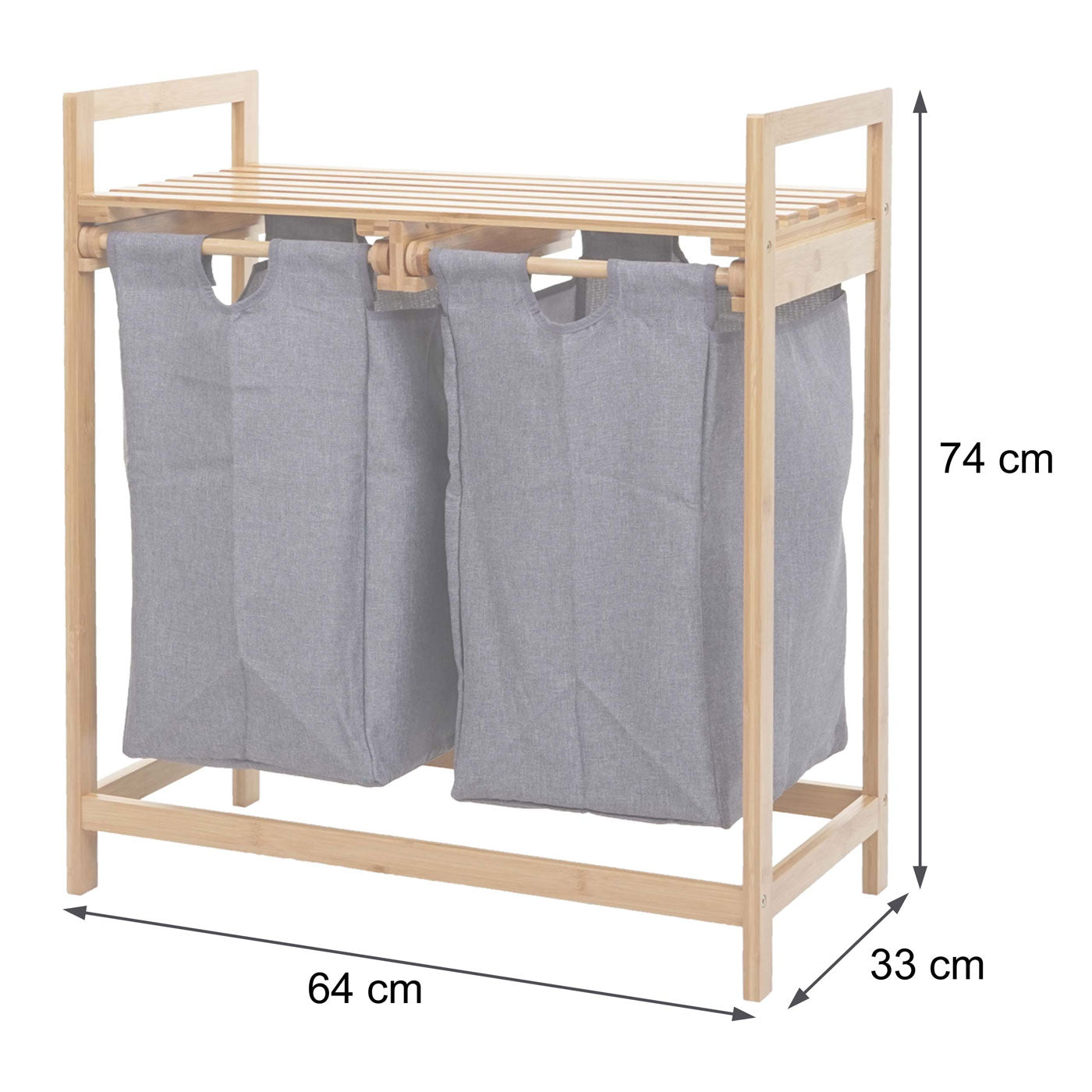 Cosmo Casa - Wasmand - 2 compartimenten - Bamboe - Donkergrijs - 70l 74x64x33cm