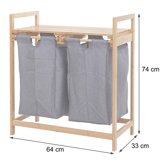 Cosmo Casa - Wasmand - 2 compartimenten - Bamboe - Donkergrijs - 70l 74x64x33cm