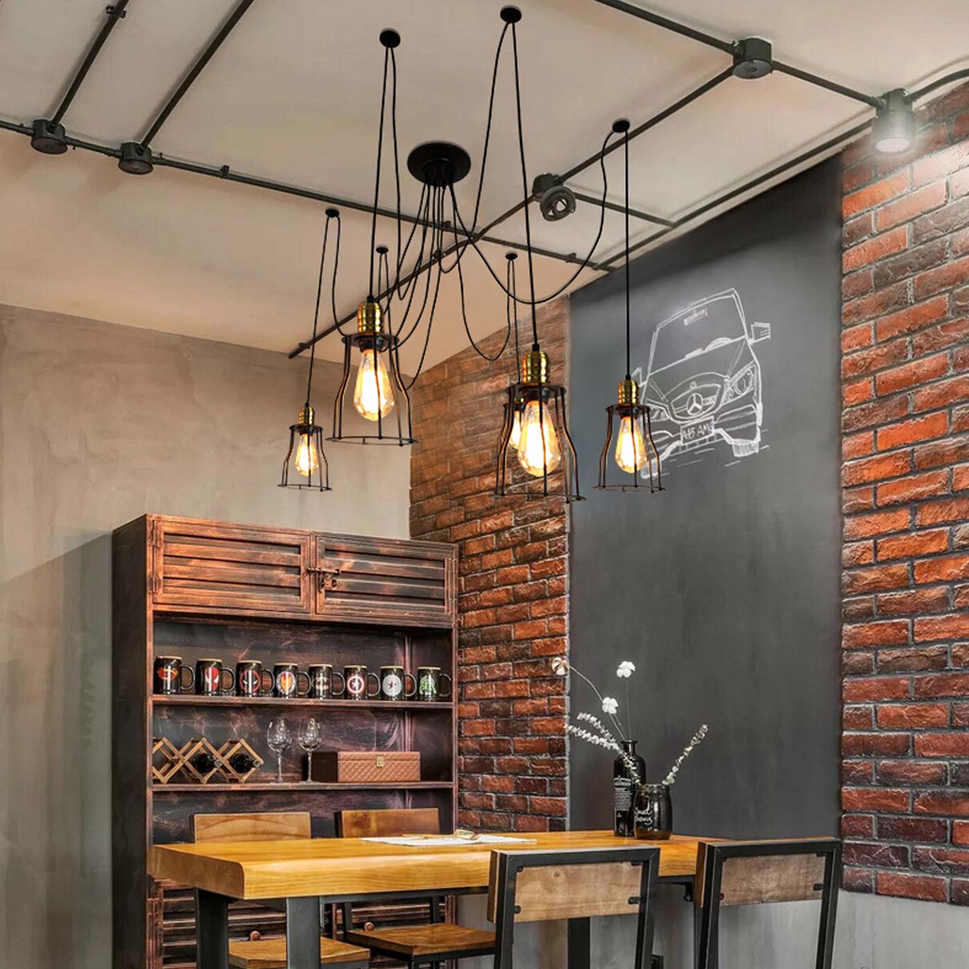 Cosmo Casa - Hanglamp - 5 lampenkappen - Metaal - Zwart - Kooikap