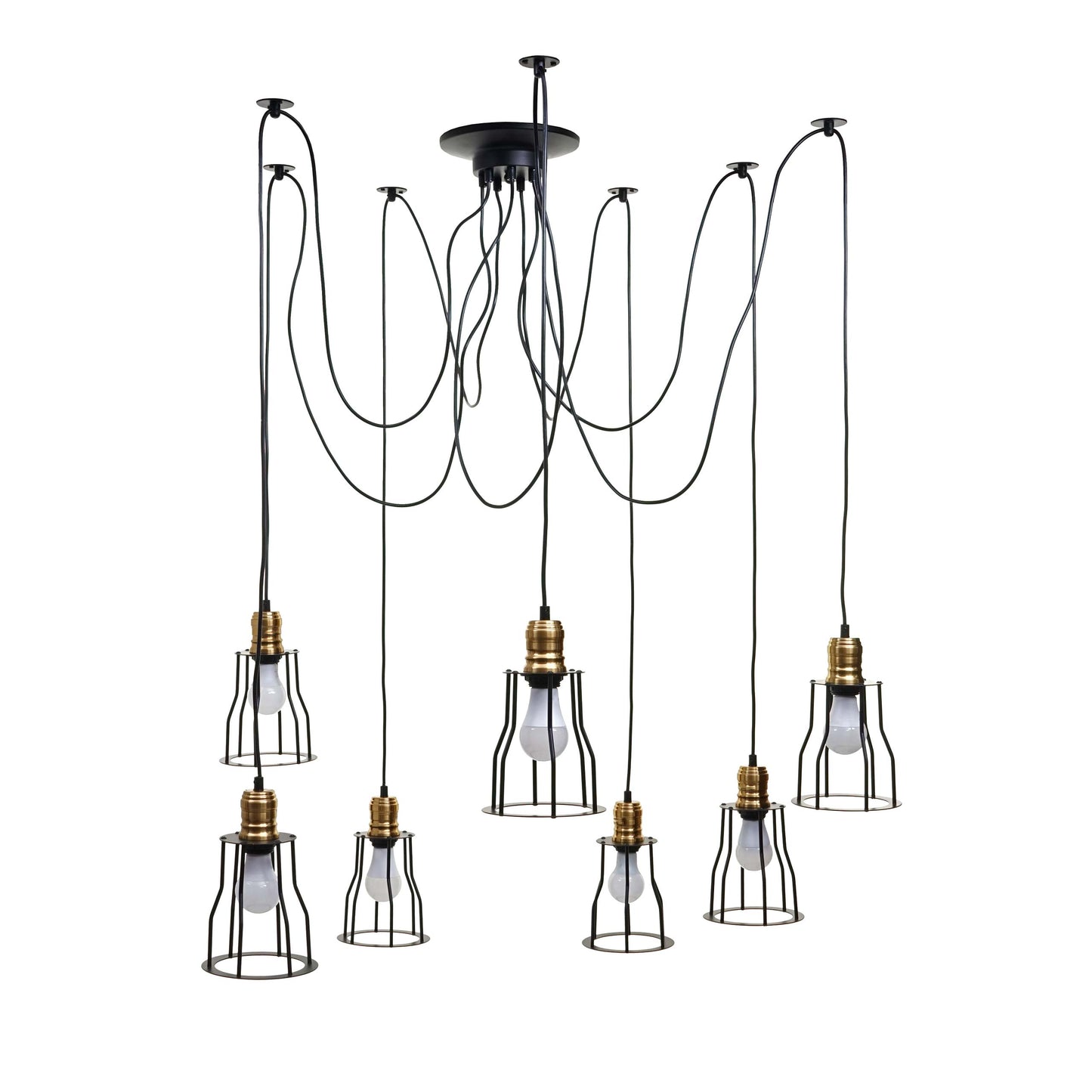 Cosmo Casa - Hanglamp - 7 lampenkappen - Metaal - Zwart - Kooikap