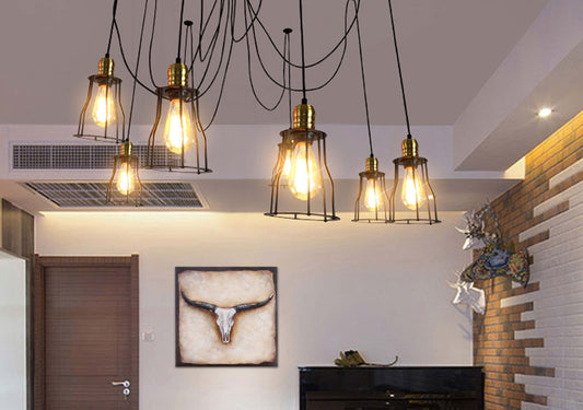 Cosmo Casa - Hanglamp - 7 lampenkappen - Metaal - Zwart - Kooikap