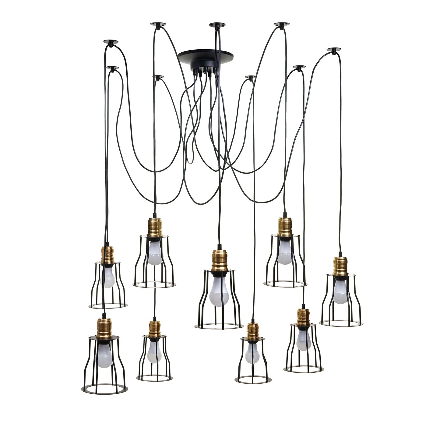 Cosmo Casa - Hanglamp - 9 lampenkappen - Metaal - Zwart - Kooikap