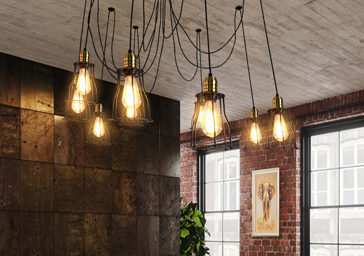 Cosmo Casa - Hanglamp - 9 lampenkappen - Metaal - Zwart - Kooikap