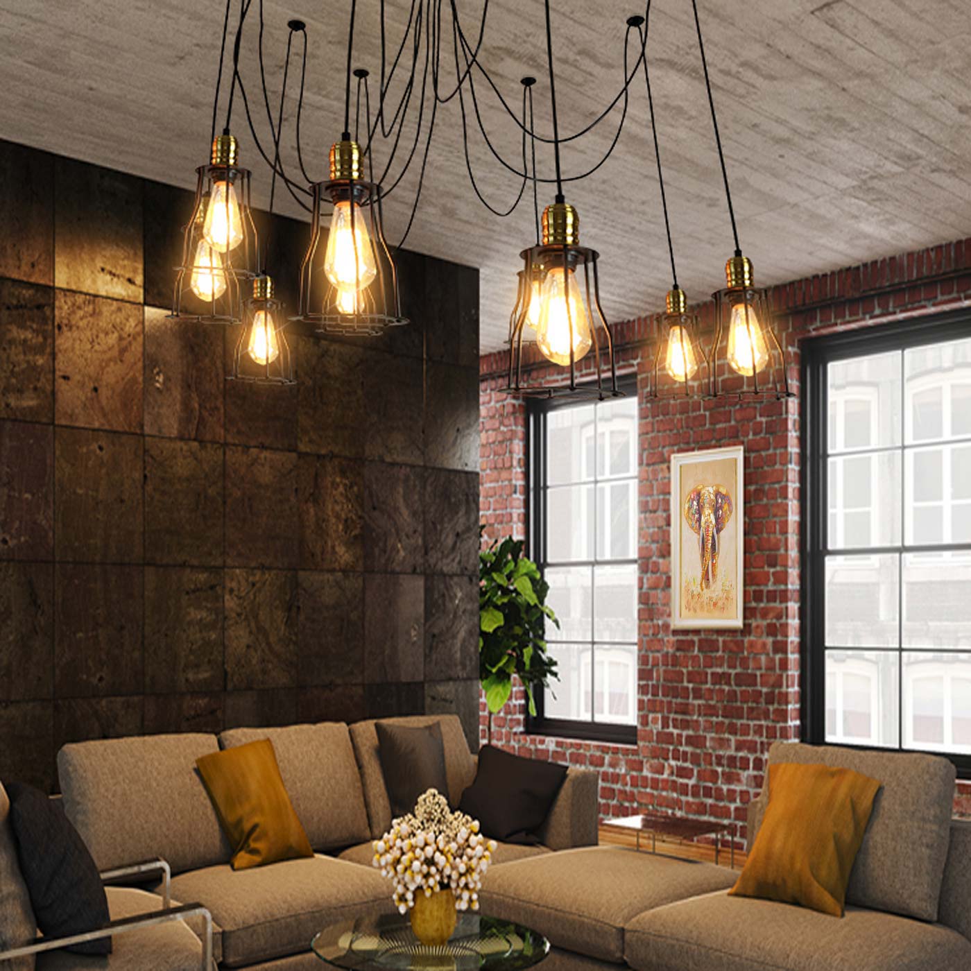 Cosmo Casa - Hanglamp - 9 lampenkappen - Metaal - Zwart - Kooikap