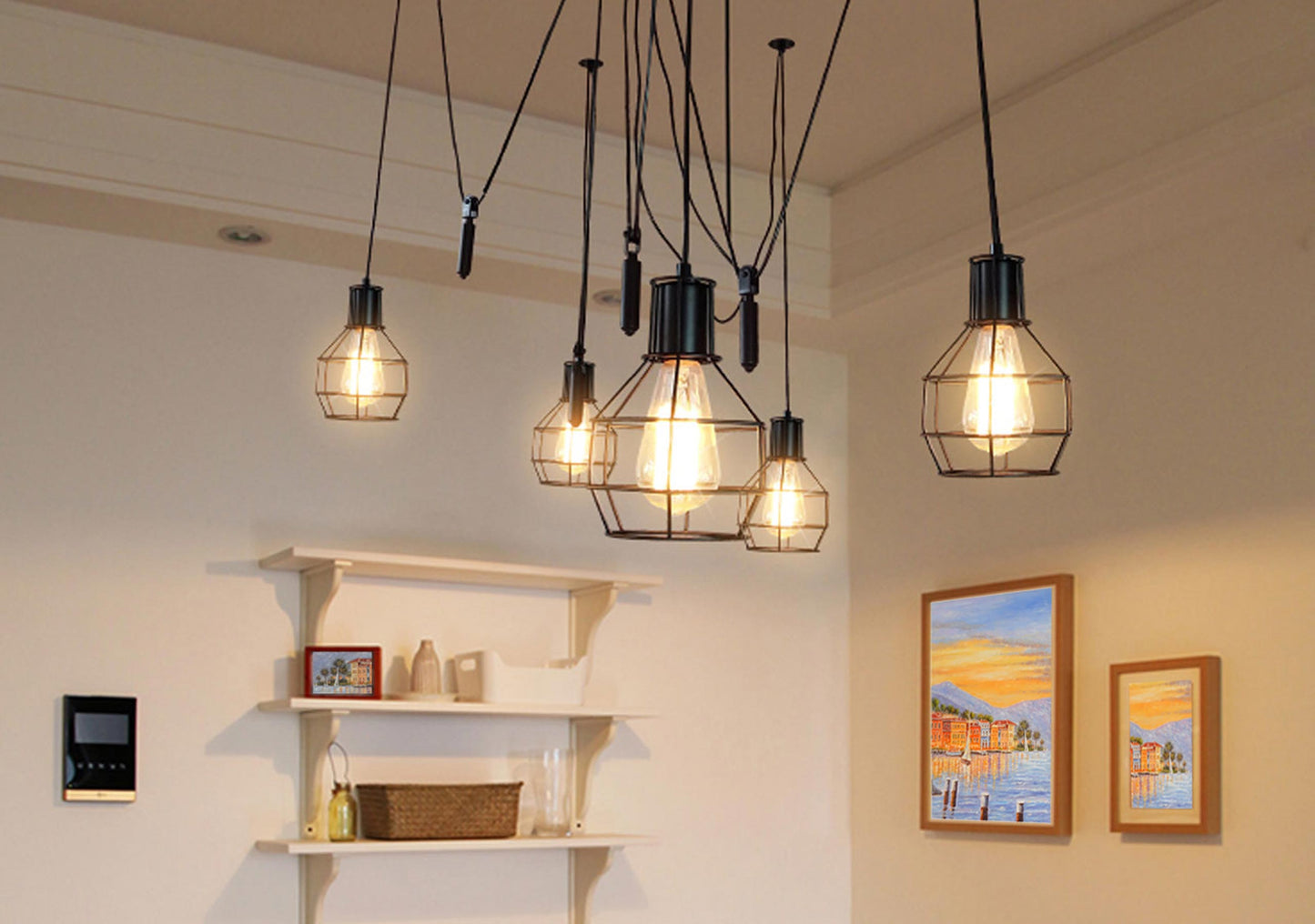 Cosmo Casa - Hanglamp - 5 lampenkappen - Metaal - Zwart - Meshkap