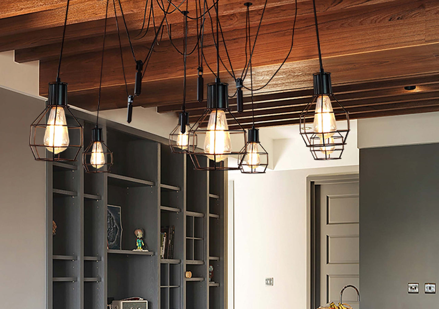 Cosmo Casa - Hanglamp - 7 lampenkappen - Metaal - Zwart - Meshkap