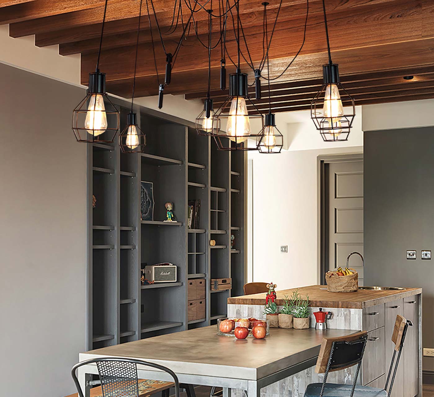 Cosmo Casa - Hanglamp - 7 lampenkappen - Metaal - Zwart - Meshkap