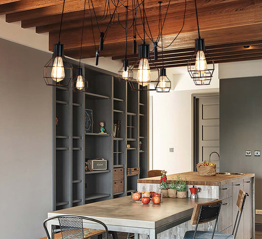 Cosmo Casa - Hanglamp - 7 lampenkappen - Metaal - Zwart - Meshkap