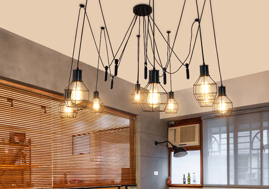 Cosmo Casa - Hanglamp - 9 lampenkappen - Metaal - Zwart - Meshkap