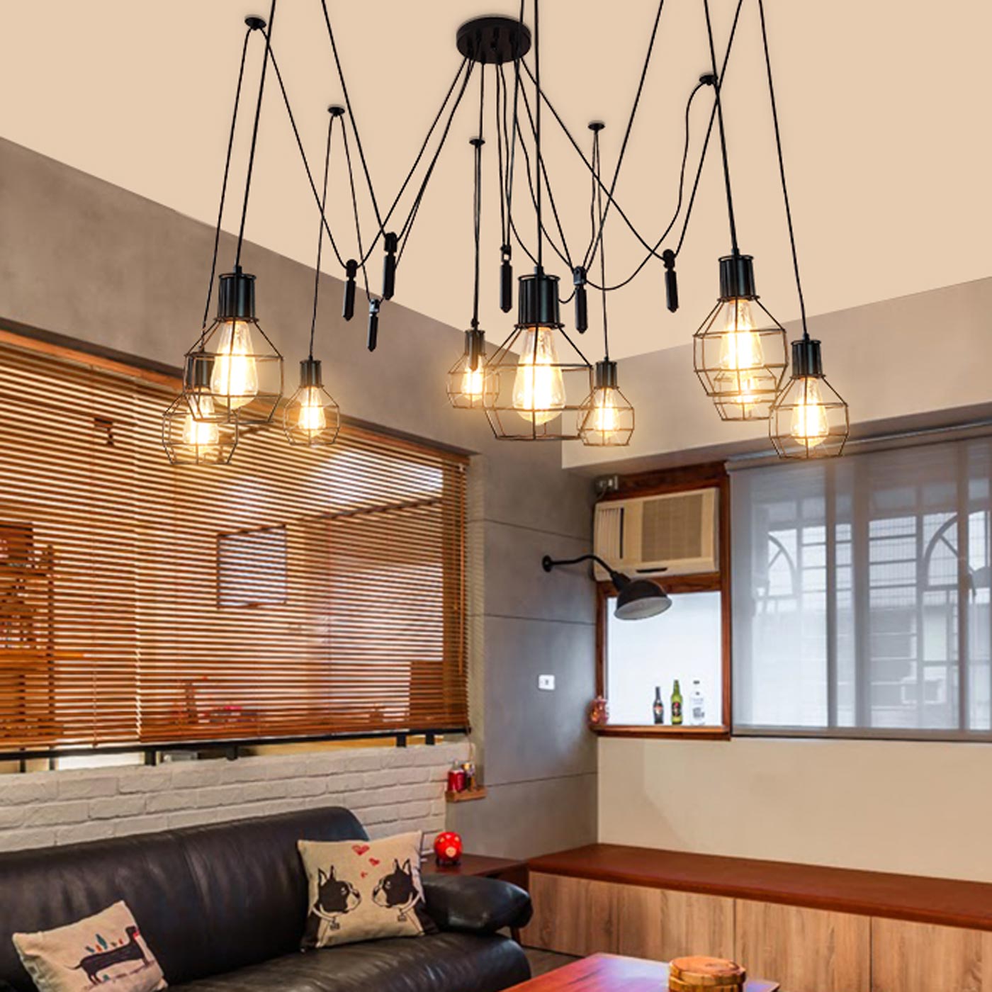 Cosmo Casa - Hanglamp - 9 lampenkappen - Metaal - Zwart - Meshkap