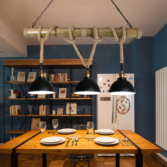 Cosmo Casa - Hanglamp - Vintage - Bamboe & Metaal - Zwart - 3 koepellampenkappen