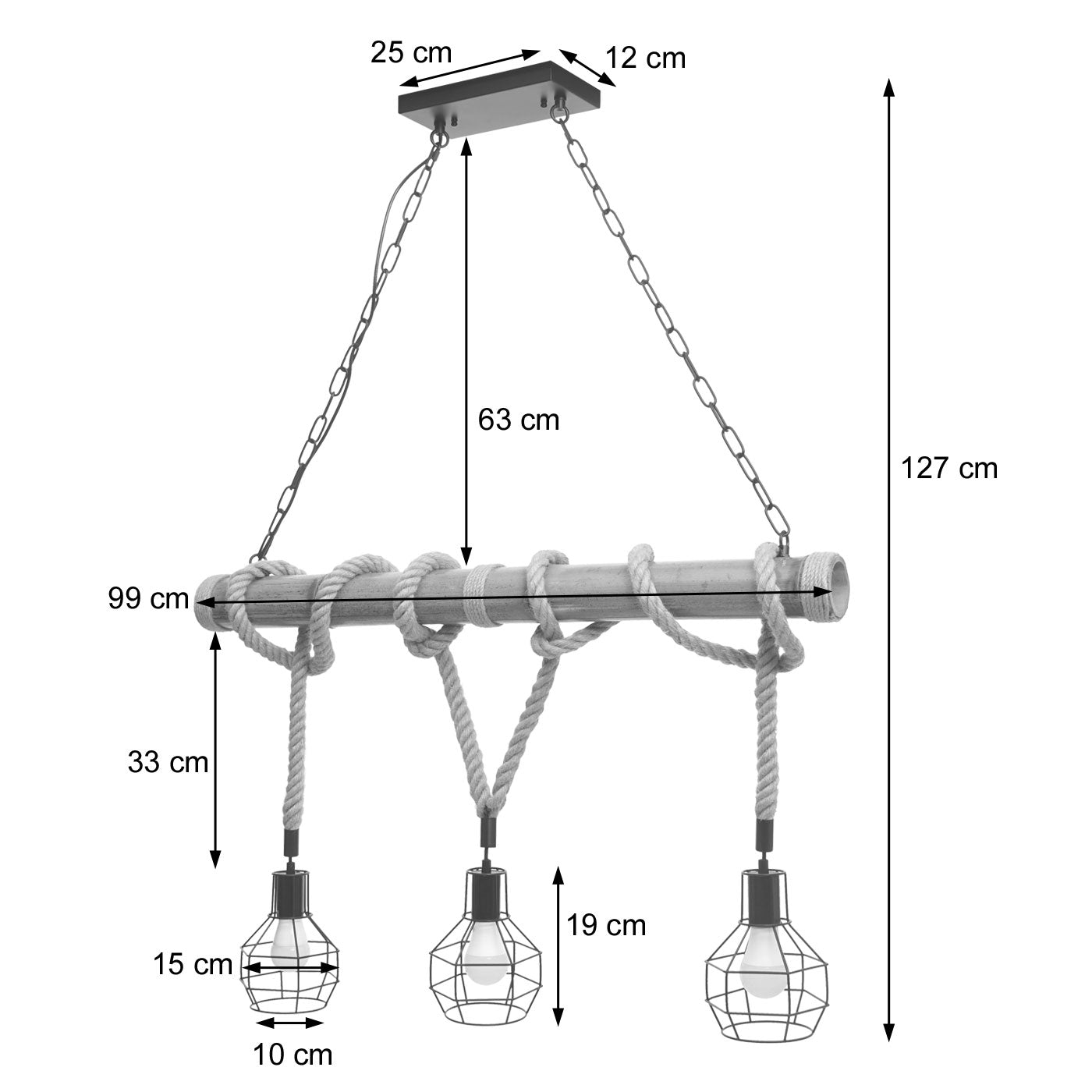 Cosmo Casa - Hanglamp - 3 lampenkappen - Bamboe en metaal - Zwart - Traliewerk