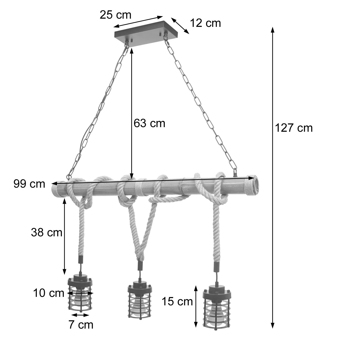 Cosmo Casa - Hanglamp - 3 lampenkappen - Bamboe en metaal - Zwart - Kooikap