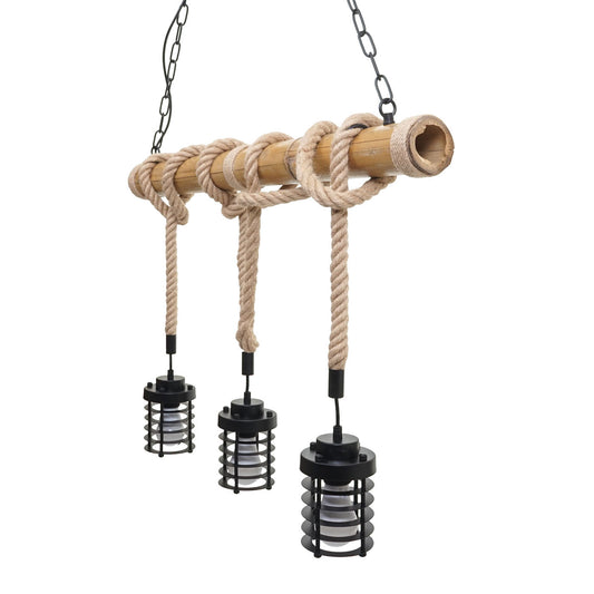 Cosmo Casa - Hanglamp - 3 lampenkappen - Bamboe en metaal - Zwart - Kooikap