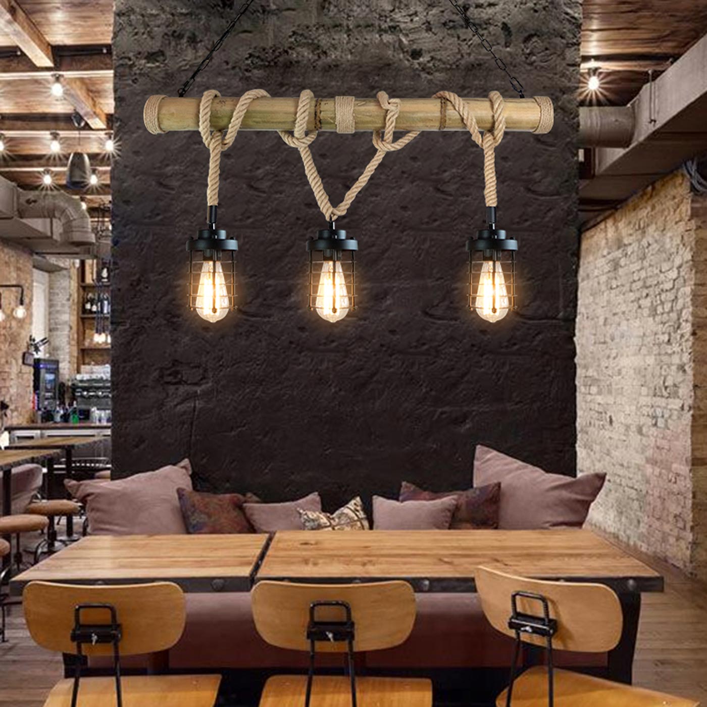 Cosmo Casa - Hanglamp - 3 lampenkappen - Bamboe en metaal - Zwart - Kooikap