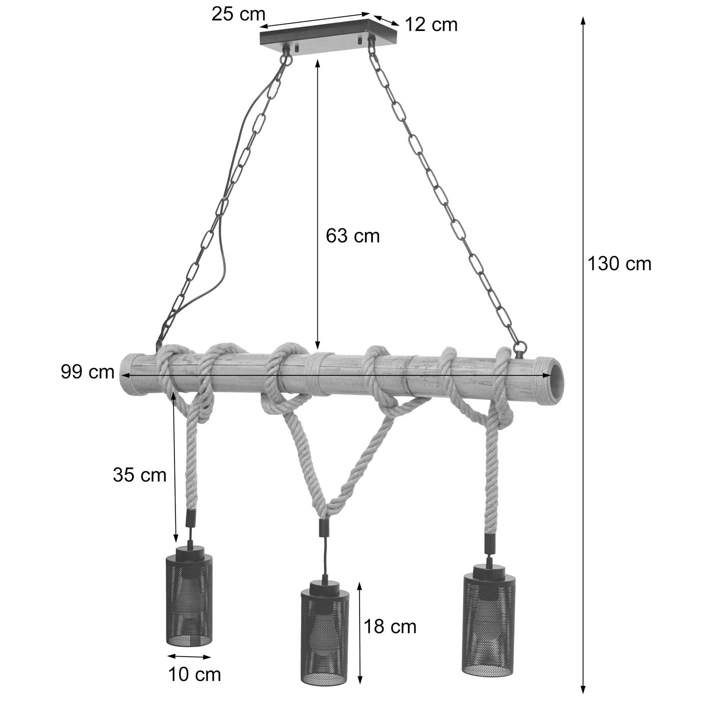 Cosmo Casa - Hanglamp - 3 lampenkappen - Bamboe en metaal - Zwart - Buisvorm