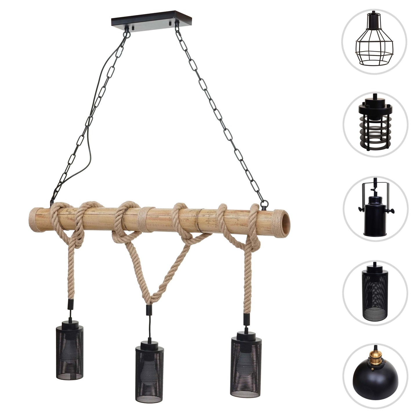 Cosmo Casa - Hanglamp - 3 lampenkappen - Bamboe en metaal - Zwart - Buisvorm