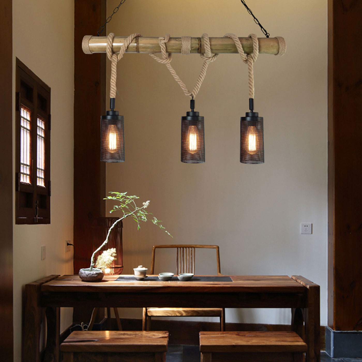 Cosmo Casa - Hanglamp - 3 lampenkappen - Bamboe en metaal - Zwart - Buisvorm