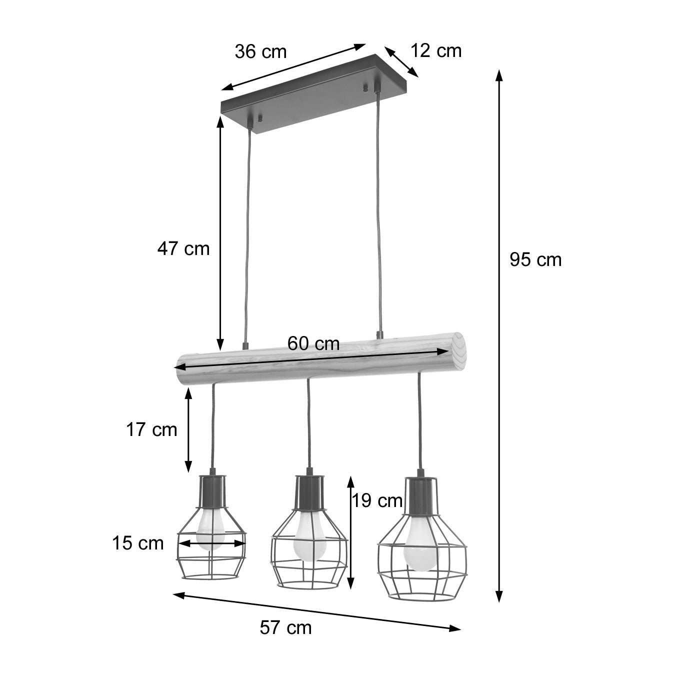 Cosmo Casa - Hanglamp - 3 lampenkappen - Hout & Metaal - Zwart
