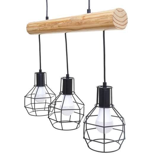 Cosmo Casa - Hanglamp - 3 lampenkappen - Hout & Metaal - Zwart