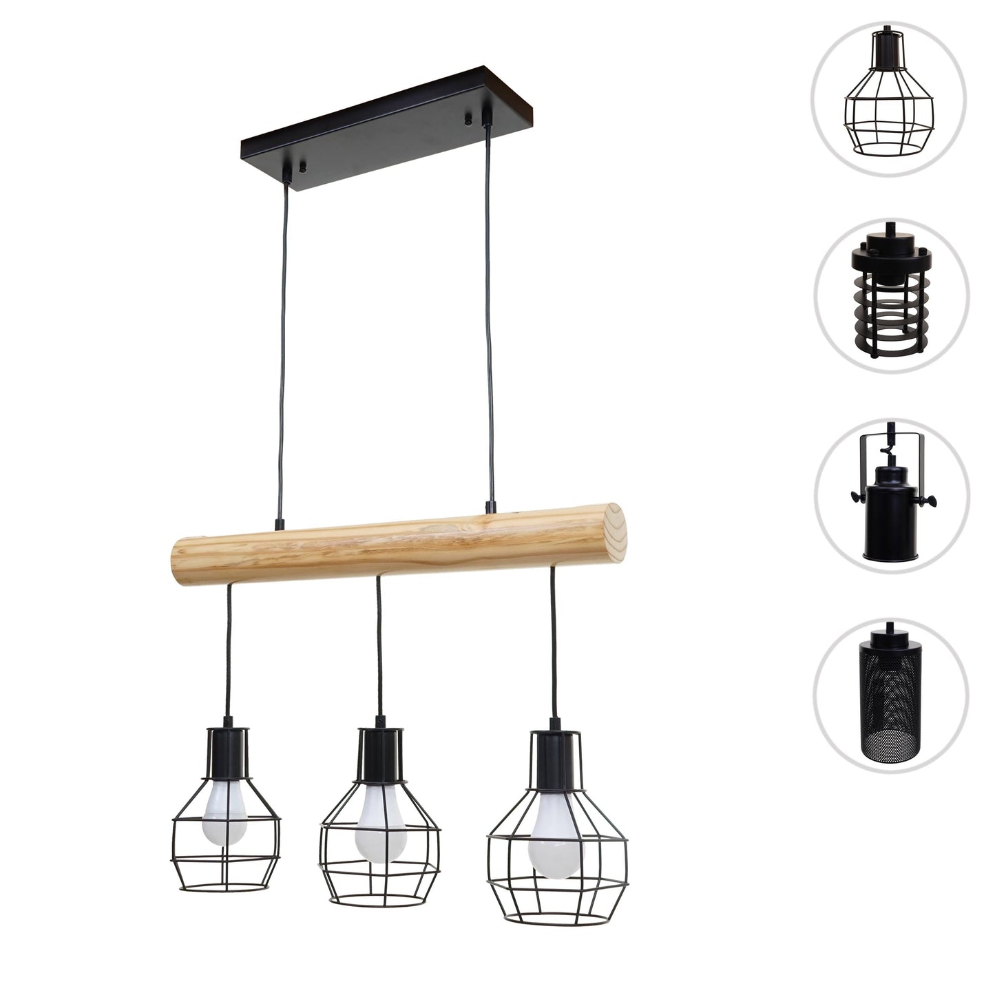 Cosmo Casa - Hanglamp - 3 lampenkappen - Hout & Metaal - Zwart