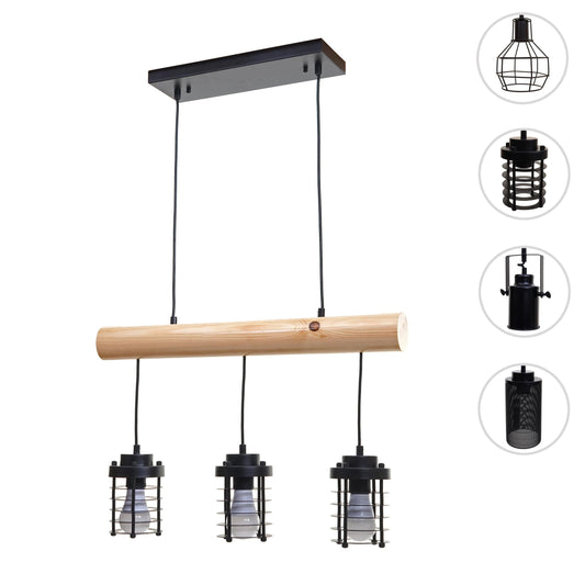 Cosmo Casa - Hanglamp - 3 kooilampenkappen - Hout & Metaal - Zwart