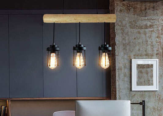 Cosmo Casa - Hanglamp - 3 kooilampenkappen - Hout & Metaal - Zwart
