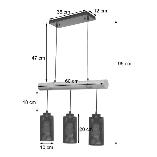 Cosmo Casa - Hanglamp - Vintage - Hout & Metaal - Zwart - 3 buislampenkappen