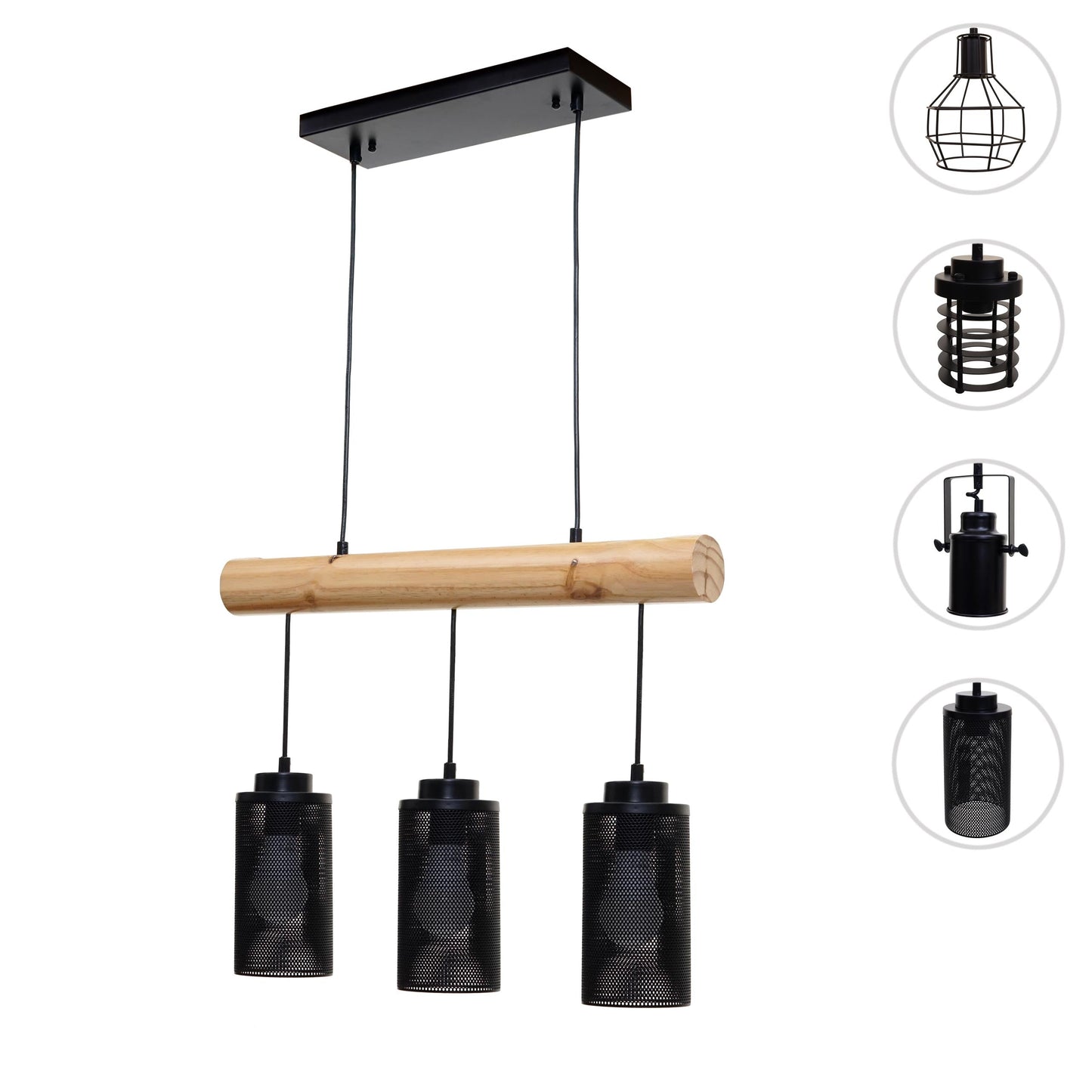 Cosmo Casa - Hanglamp - Vintage - Hout & Metaal - Zwart - 3 buislampenkappen